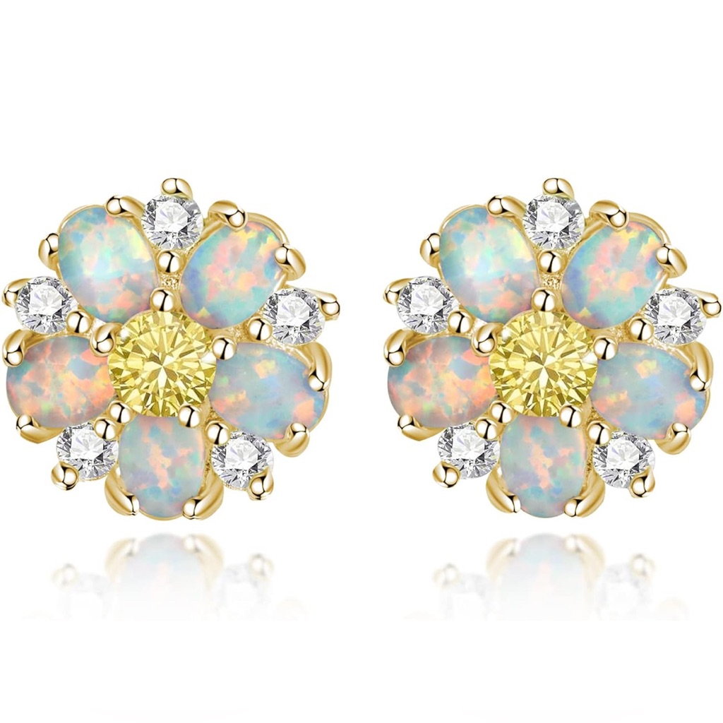 Boho 14k / 925 Opal Citrine & Topaz Flower Stud Earrings ~ Floral Gemstone Studs